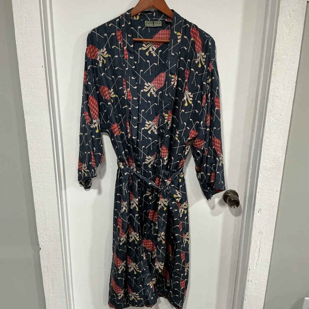 Robert Stock Silk Robe With Belt, Golf Pattern, Blue, Unisex One Size Fits All